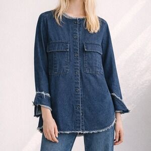 ZARA Denim Raw Fray Edge Distressed Oversized Shirt Jacket Shacket SZ Medium Y2K